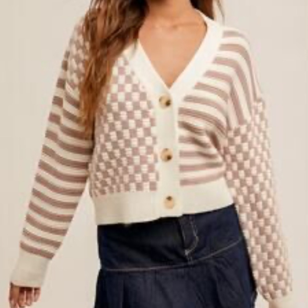 Sincerly Jules Women's Mixed Checked & Striped Cardigan Sweater Size XS